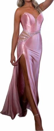 Rachel Allan Satin Strapless Slit Gown In Rose Pink