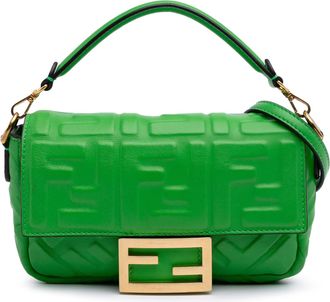 Fendi Pre-owned Womens Baguette Embossed Ff Shoulder Bag - Lime Green Leather - One Size