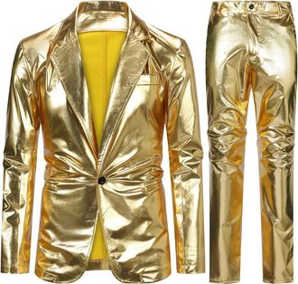 AlltheMen Mens Shiny 2 Piece Suits Slim Fit 1 Button Tuxedo Suits Casual Jacket Trousers for Wedding Party Gold XXL