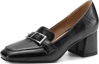 Generic Womens Chunky Block Heel Loafers Glossy PU Leather Square Toe Slip On Dress Shoes with Metal Buckle Lightweight Comfortable Durable Anti Slip Low Top,