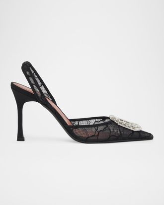 Amina Muaddi Camelia Lace Crystal Slingback Pumps