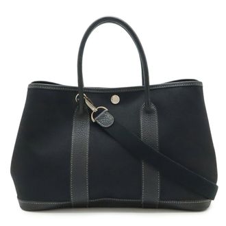 Herm&egrave;s Garden Black Toile Officier Leather Handbag Shoulder Bag Tote Bag (Pre-Owned)