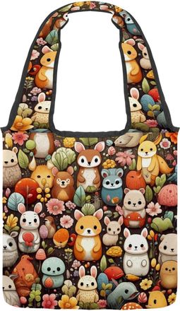 Generic Cute Cartoon Bunny Reversible Canvas Shoulder Tote - Double-Sided Print, 12oz Cotton, 27cm Drop, Fold-Flat Bag for Travel, Shopping, Street Outings