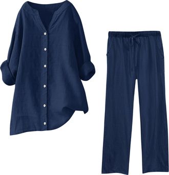 Generic HAOLEI Coord Outfit Women UK Sale,Tracksuit Womens Full Set Plain Summer Loose Long Sleeve Italian Lagenlook Button Shirt and Drawstring Trousers Ladi