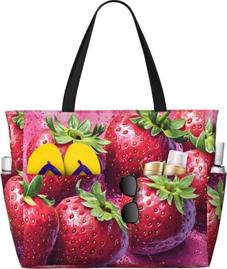 Generic Pink Strawberry Print Large Beach Bag Foldable Travel Shoulder Tote Bag With Pocket For Weekender Pool Vacation