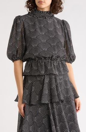 T Tahari Ruffle Mock Neck Top in Black/Ivory Scalloped Dots at Nordstrom Rack, Size X-Large