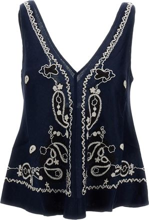 P.A.R.O.S.H. Intricately Embroidered Blue Linen Top with V-Neckline