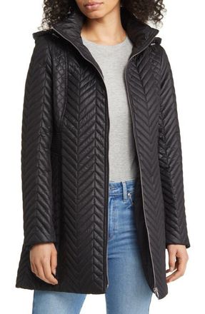 Via Spiga Herringbone Quilted Water Resistant Hooded Jacket in Black at Nordstrom, Size X-Small