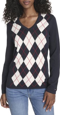 Tommy Hilfiger Womens Long Sleeve Cotton Argyle V-Neck Sweater Pullover, Sky Captain Multi, Small