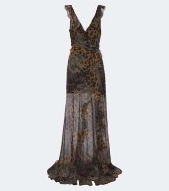 Etro Printed ruffled seersucker gown