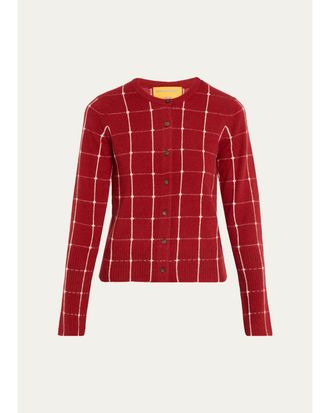 Guest In Residence Jane Windowpane Cashmere Crewneck Cardigan