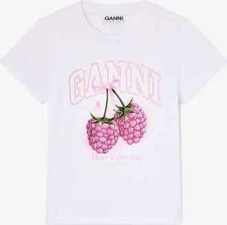 Ganni White Baby Fit T-shirt with Raspberry - Size XS Organic Cotton