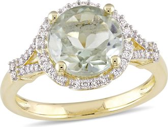 Mimi & Max 2 4/5ct TGW Green Quartz 1/5ct TDW Diamond Halo Floral Ring 14k Yellow Gold