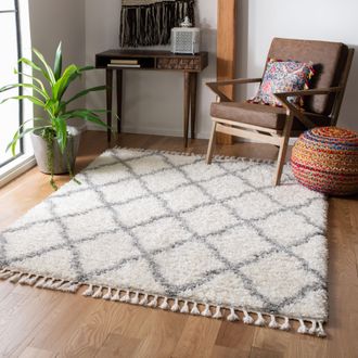 Safavieh Moroccan Tassel Shag Area Rug, Ivory / Light Grey Bohemian Style Non-Shedding
