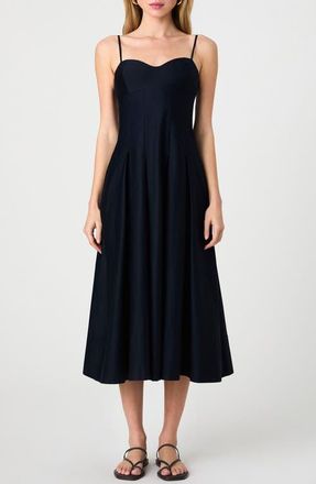 French Connection Pleated Stretch Cotton Sateen Midi Dress in Marine at Nordstrom, Size 0