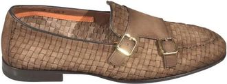 Santoni Geweven leren loafers met dubbele gesp - Heren - Loafers - Bruin - 41 1/2 EU - Leer - Schoenen