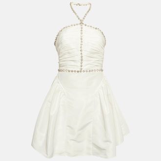 Self Portrait White Taffeta Diamante Trim Mini Dress