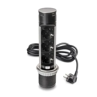 Emuca Multiconnettore Estraibile Vertikal Push 60, Diametro 60 Mm, 3 Prese Schuko, 1 Usb Tipo A, 1 Usb Tipo C, Acciaio E Tecnoplastica, Acciaio Inossidabile