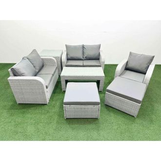 Fimous High Back Poly Rattan Garden Furniture Set with Reclining Chair Loveseat Sofa Oblong Coffee Table Indoor Outdoor Patio Set 2 Stool Light Grey - Fimous
