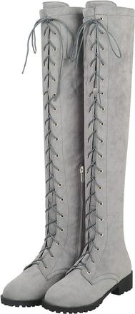Agodor Womens Flat Lace up Over The Knee Boots Low Chunky Heel Riding Thigh High Boots (UK 7.5, grey)