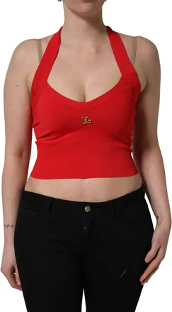 Dolce & Gabbana Womens Red Viscose Sleeveless Halter Crop Tank Top Nylon Polyester Pu