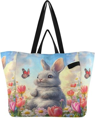 Generic Butterfly Pink Floral pattern Reusable Canvas Tote Bag, Heavy Duty Grocery Shopping Bag with Hard Bottom Double Handles Large Capacity Work Groceries 