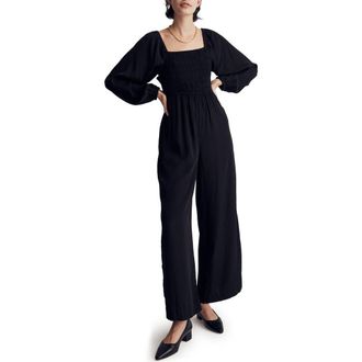 Madewell Lucie Star Jacquard Tie Back Long Sleeve Jumpsuit in True Black at Nordstrom Rack, Size 4