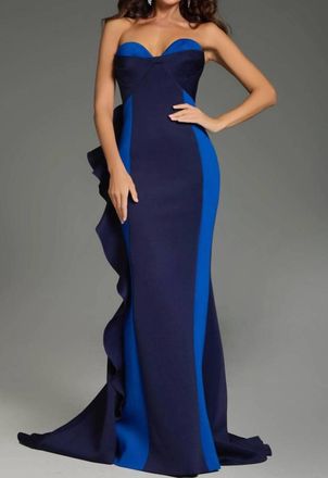 Jovani Strapless Ruffle Layered Prom Gown In Navy Royal