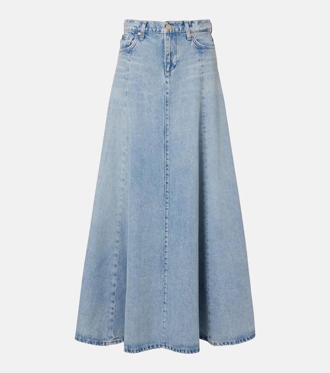Drama high-rise cotton denim maxi skirt