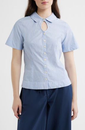 Damson Madder Ebba Pinstripe Keyhole Organic Cotton Button-Up Shirt in Blue at Nordstrom, Size 10 Us