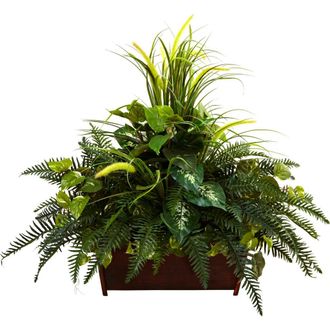 Nearly Natural Mixed Grass & River Fern with Wood Planter in Green at Nordstrom