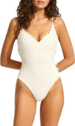 Seafolly Daydreamer Deep V-Neck One-Piece Swimsuit in Vanilla at Nordstrom, Size 10 Us