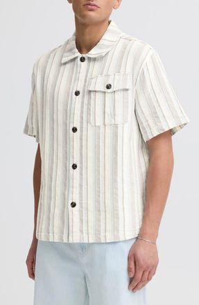 Solid Umber Stripe Short Sleeve Linen Blend Button-Up Shirt in Skyway at Nordstrom, Size X-Large