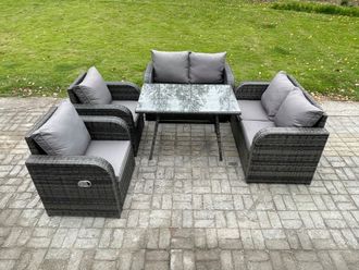 Fimous Wicker PE Rattan Garden Dining Set Outdoor Furniture Sofa with Rectangular Dining Table Dark Grey Mixed