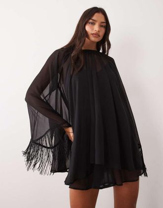 Asos vestito corto nero con strati sovrapposti e frange su orlo e maniche