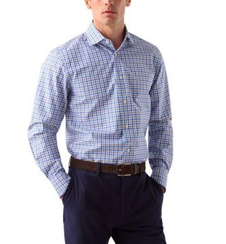 Robert Talbott Reynolds Bold Check Shirt in Contemporary Fit in Blue/flax at Nordstrom, Size 16