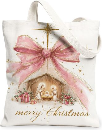 Generic Vintage Elegant Christmas Canvas Tote Bags, Holiday Bow Design Reusable Grocery Bags, Lightweight Washable Shoulder Strap C, White, 13x15 Inch