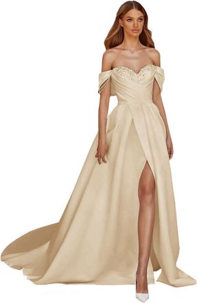 Generic White Off - Shoulder Satin Wedding Dress, Lace - Up Back Formal Bridal Gown