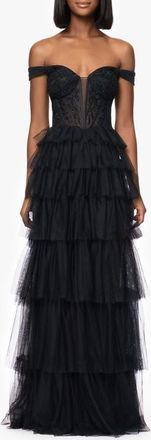 Blondie Nites Tiered Ruffle Off the Shoulder Corset Gown in Black at Nordstrom, Size 15