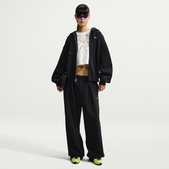 Nike Womens Studio Fleece Heavyweight Oversized Pleated High-Rise Open-Hem Pants in Black | IM8092-001