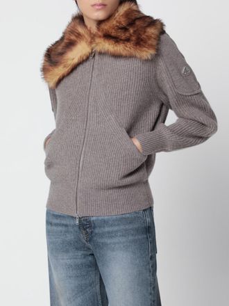 Moose Knuckles Cardigan in lana a coste con interni in shearling e chiusura a zip