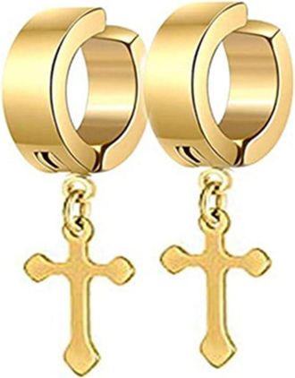 Generic 6 Pairs Stainless Steel Clip On Dangle Earrings for Men Women Gold Long Chain Cross Pendant Non Piercing Earrings Nice Design