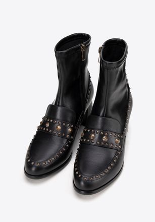 Wittchen Dames enkellaarsjes met decoratieve klinknagels, zwart, natuurlijk leer