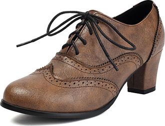 Generic Womens Lace Up Vintage Brogues Chunky Heel Platform Dress Shoes Round Toe PU Leather Casual Shoes,Brown,7.5 UK
