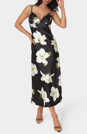 Bebe Floral Satin Slipdress in Black/Ivory at Nordstrom Rack, Size X-Large