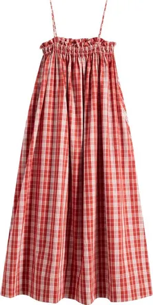 Faithfull The Brand Gerta Plaid Cotton Midi Dress in Ines Check Terra Rosso at Nordstrom, Size Xx-Large
