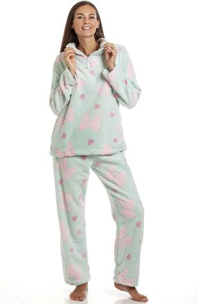 Camille Womens Supersoft Heart & Bow Embossed Pyjama Set 10-12 Green