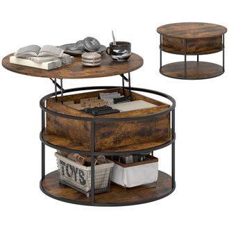 HOMCOM Lift Top Coffee Table - Round Coffee Table With Hidden Storage - Brown | TJ Hughes