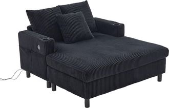 STILVORA Sill&oacute;n Relax Chaise Longue Extragrande Con Led Multicolor, Usb Y Portavasos, Estructura De Madera, En Pana Negra