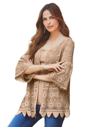 Roaman's Plus Size Scallop Trim Crochet Cardigan in New Khaki at Nordstrom, Size Medium